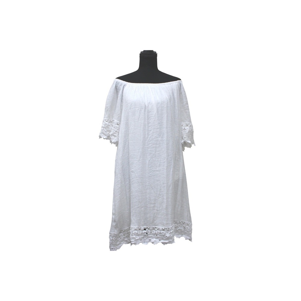White Off Shoulder Shift Dress Womens XL Crochet Lace Trim Boho Cottagecore